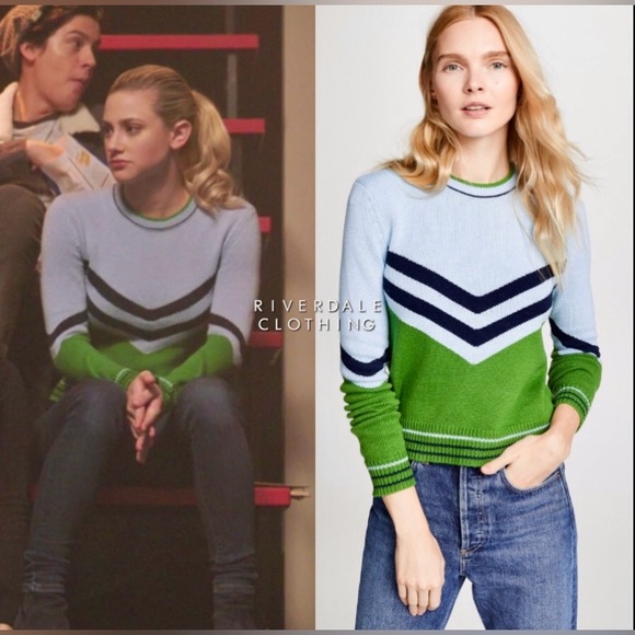 EUC Shopbop BOP BASICS Cotton Chevron Vintage Varsity Sweater Size M Blue/Green - Picture 1 of 12